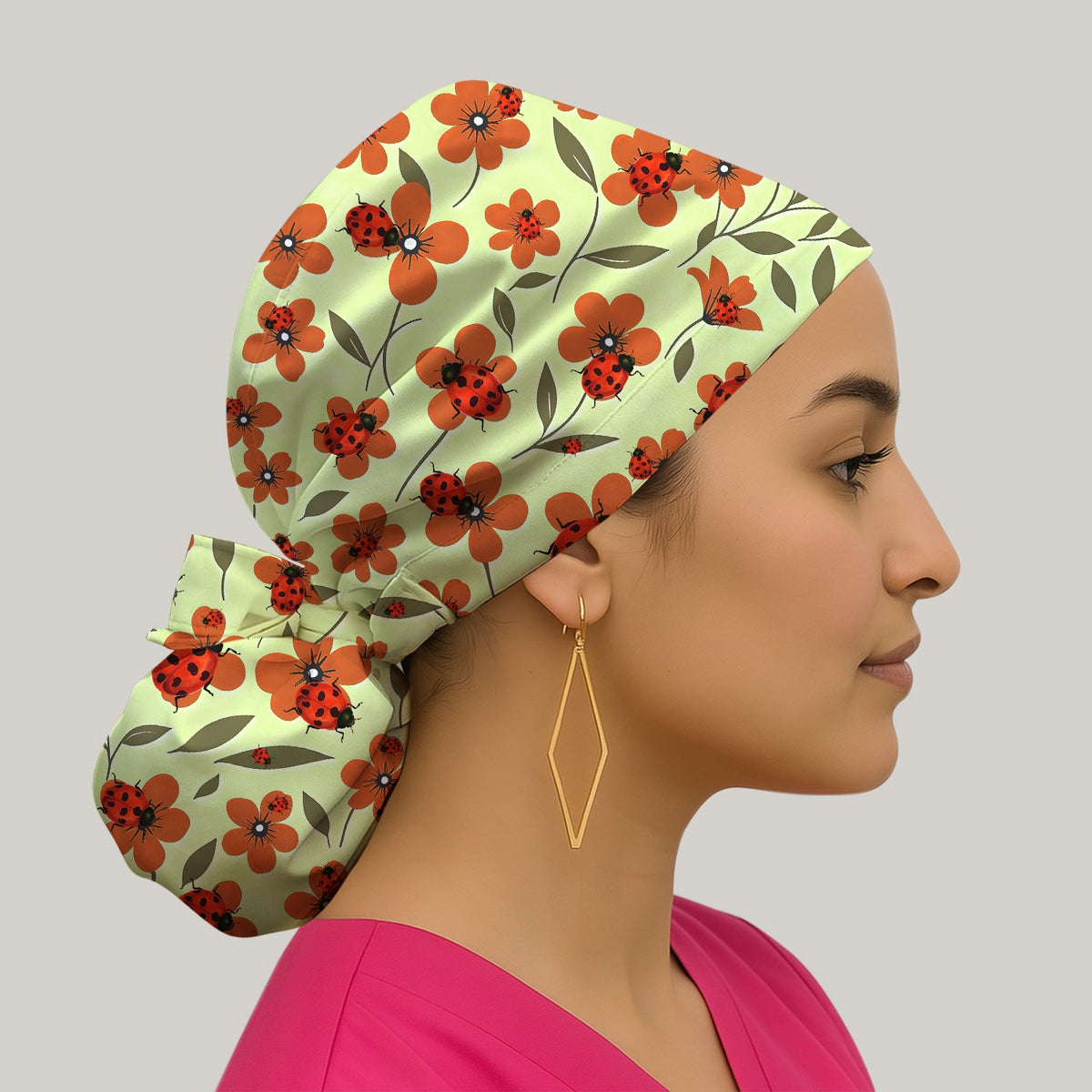 Ladybug Orange Floral Garden Scrub Cap