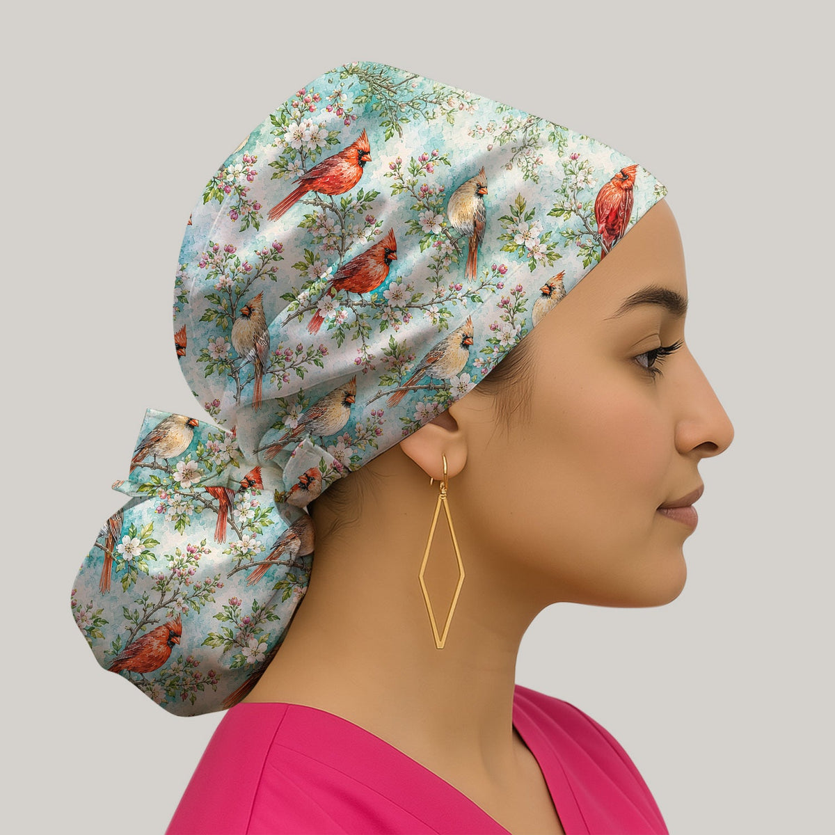 Cardinal Blossom Branch Scrub Cap