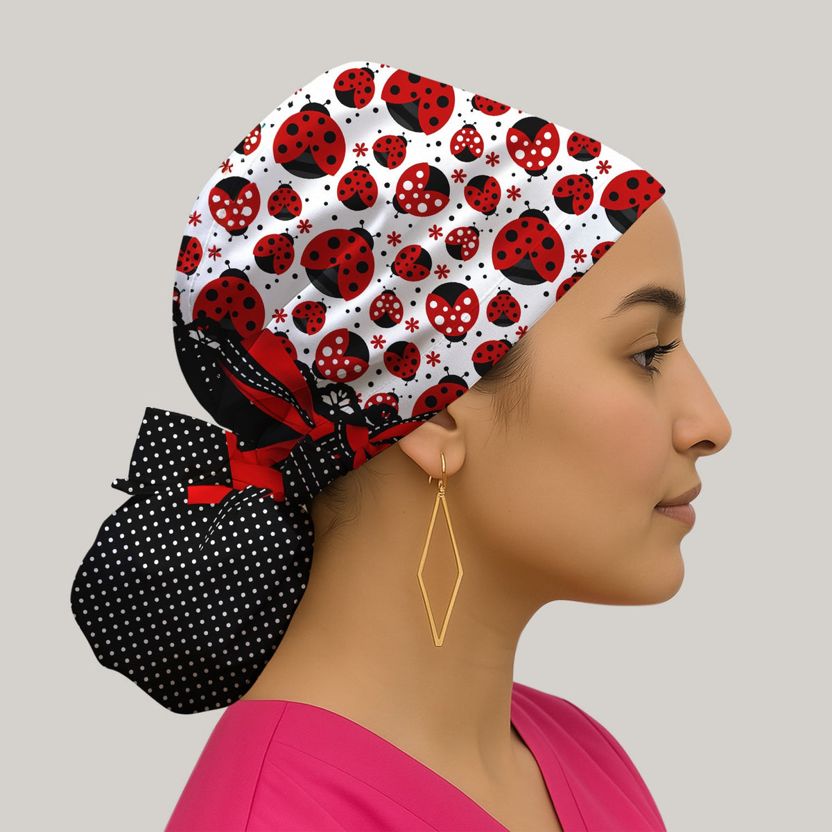 Ladybug Red Ribbon Polka Scrub Cap