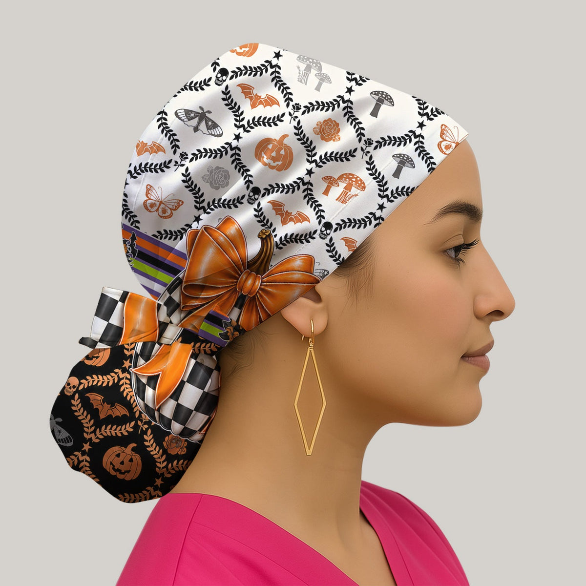 Checkered Pumpkin Bow Scrub Cap - Halloween Gift For Nurse