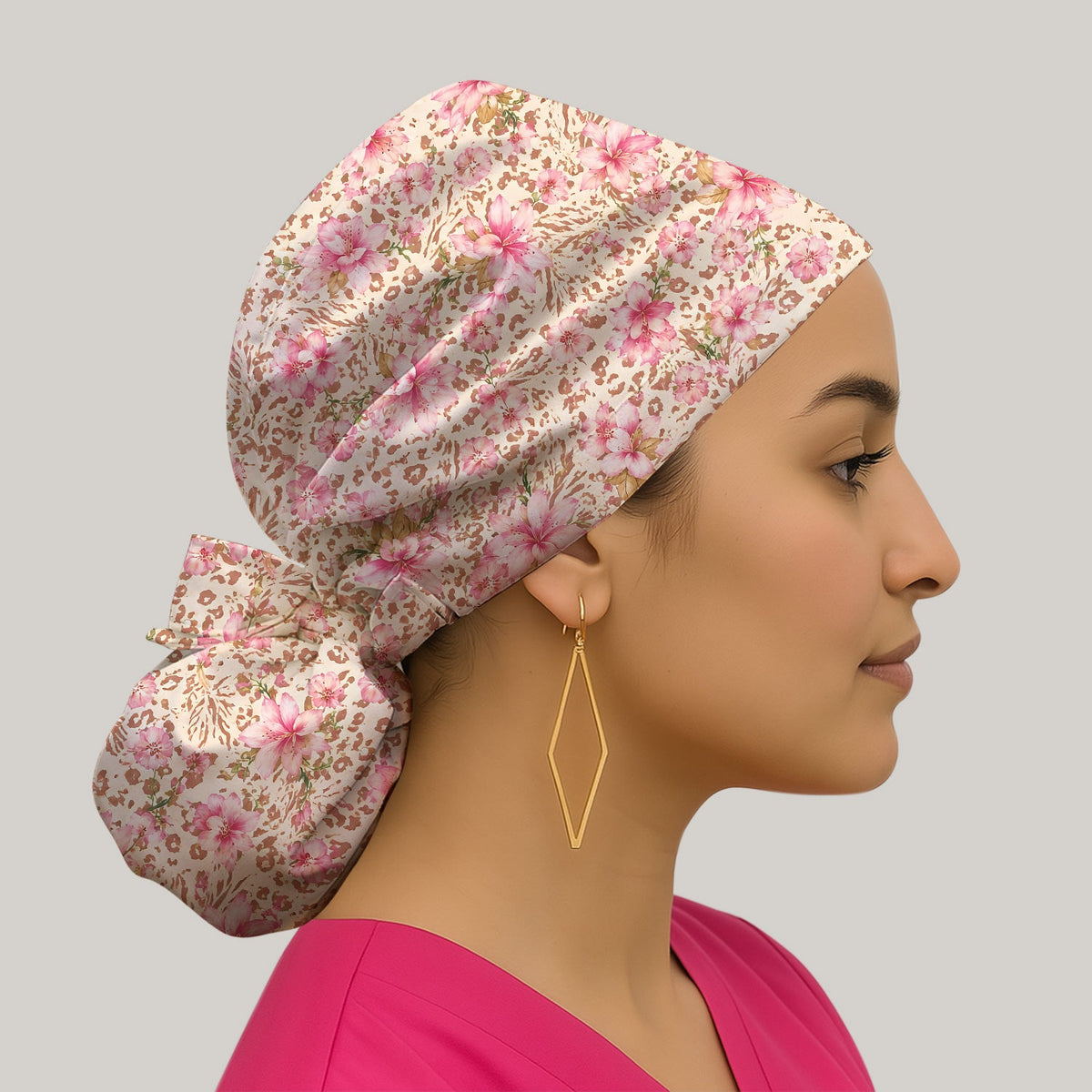 Pink Floral Leopard Scrub Cap