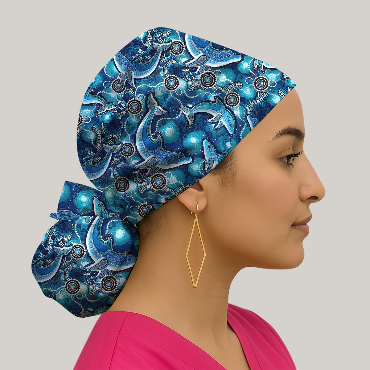 Ocean Dolphin Aboriginal Dot Nurse Scrub Cap