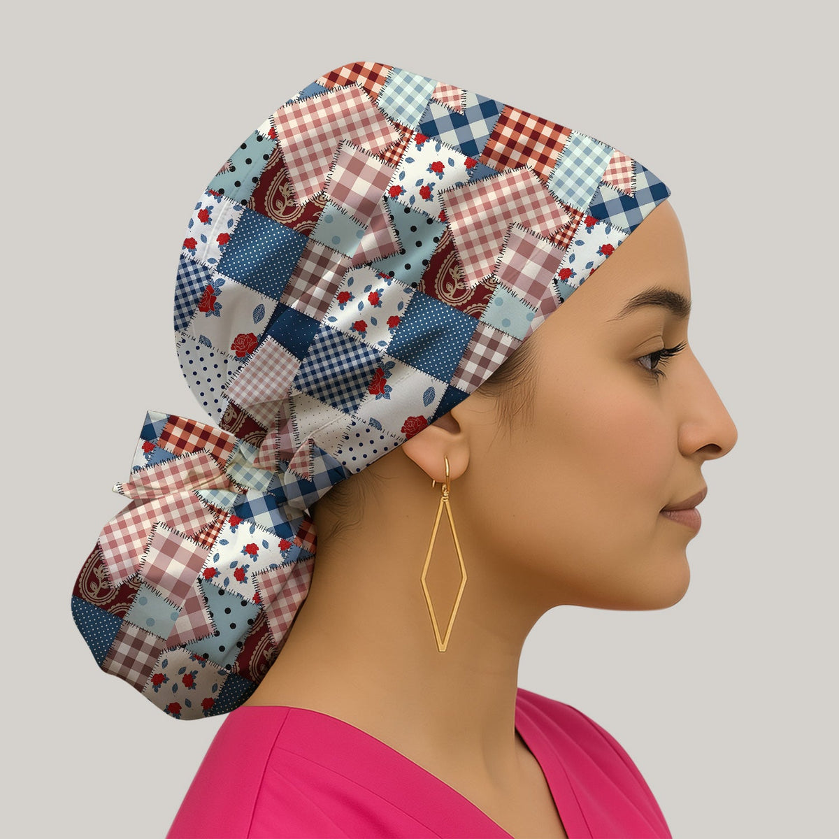 Retro Patchwork Plaid Quilt Scrub Cap