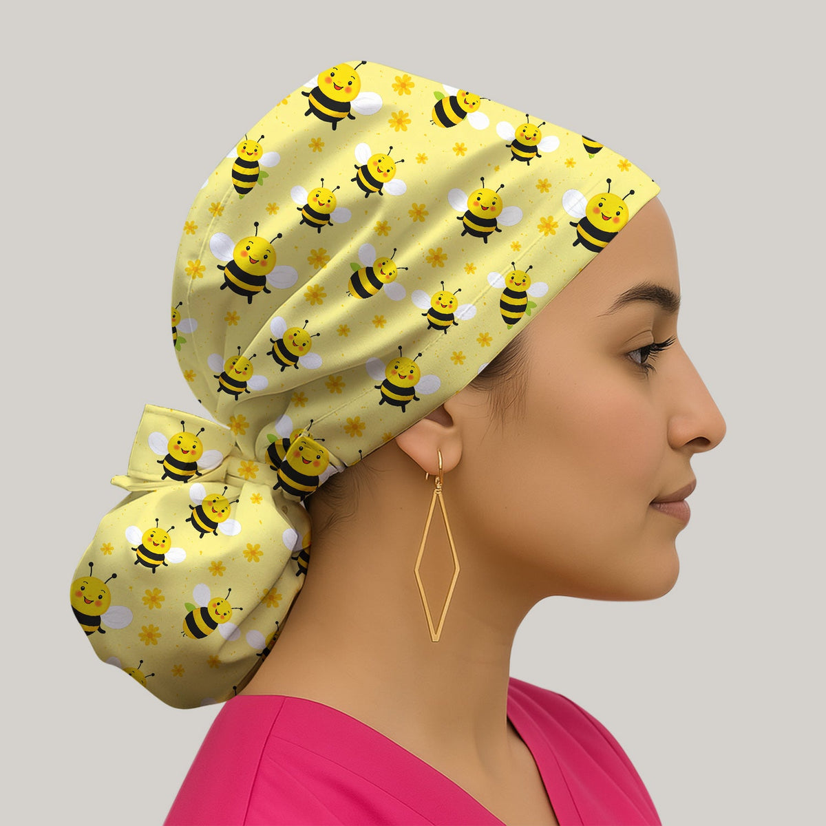 Smiling Bee Yellow Floral Scrub Cap