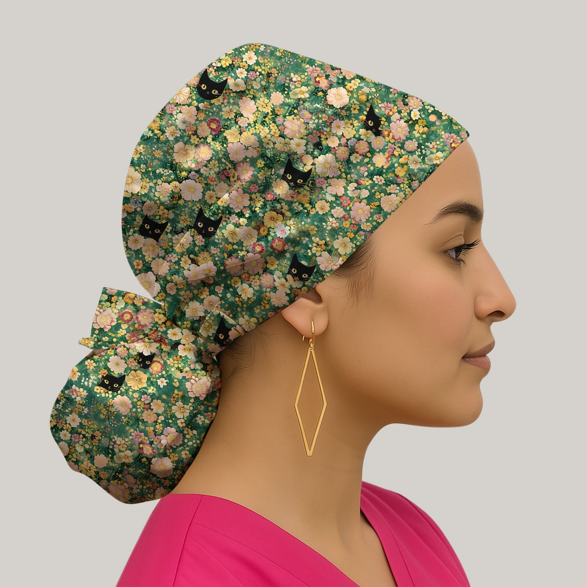 Cute Black Cat Floral Garden Scrub Cap