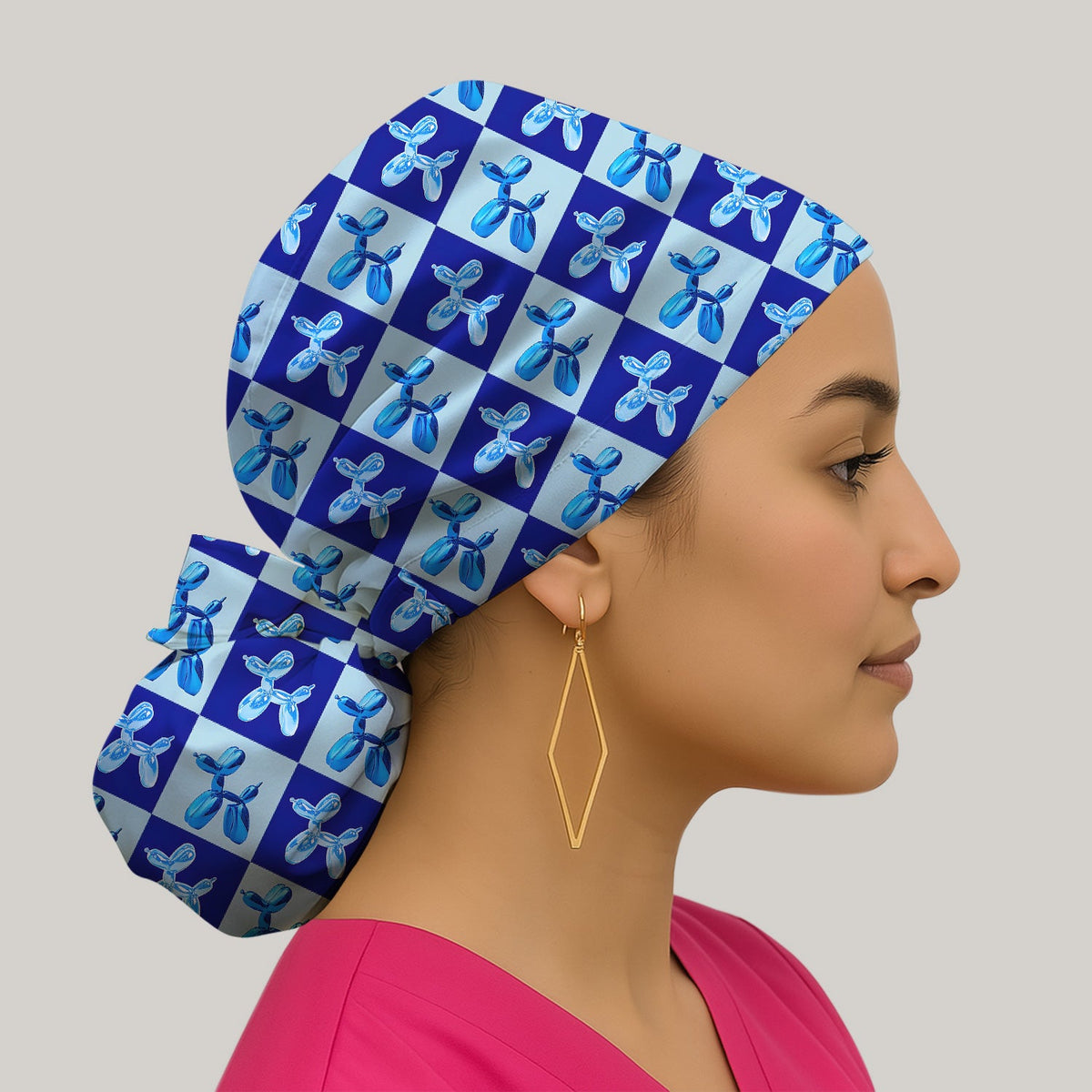 Cute Blue Balloon Dog Checkered Scrub Cap