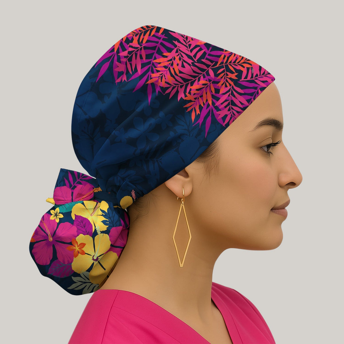 Tropical Hibiscus Palm Leaf Scrub Cap