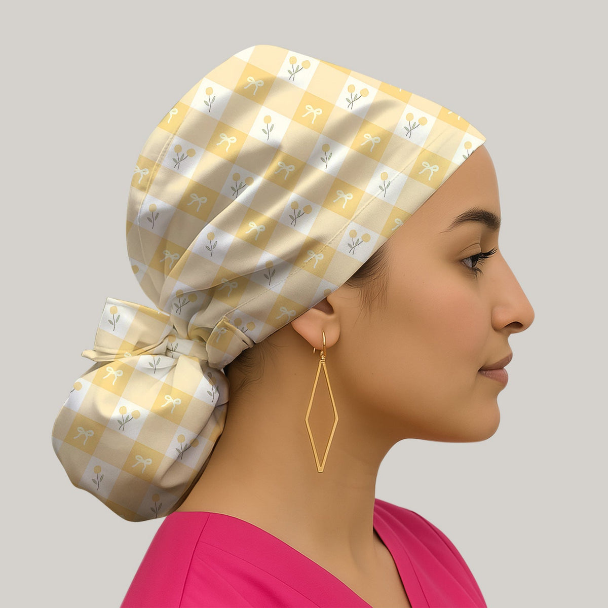 Yellow Gingham Bow Floral Scrub Cap