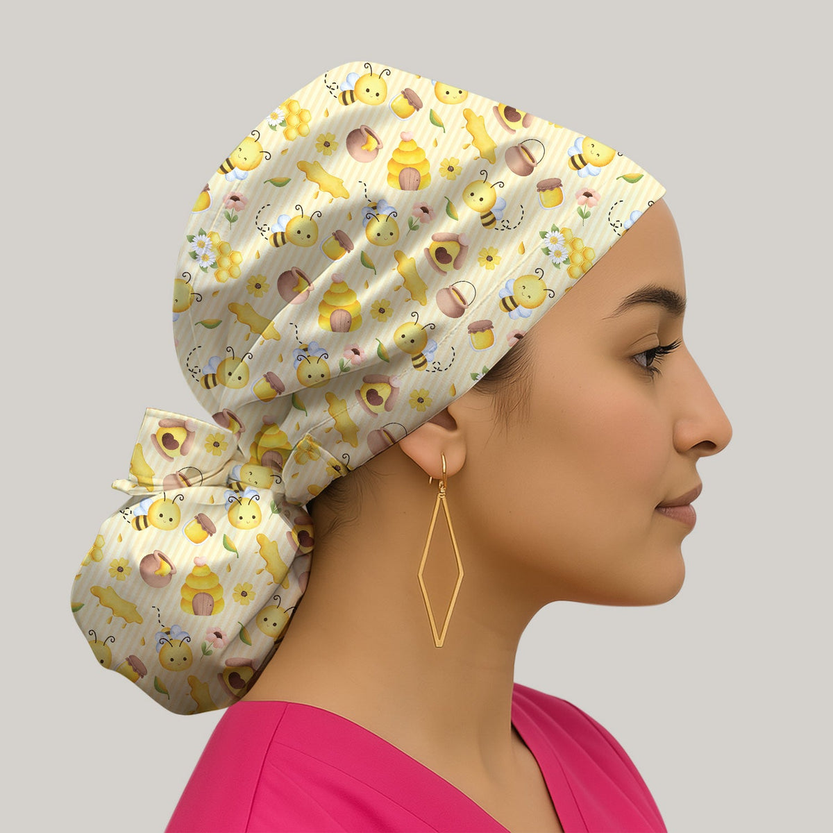 Cute Bee Honey Flower Stripe Scrub Cap