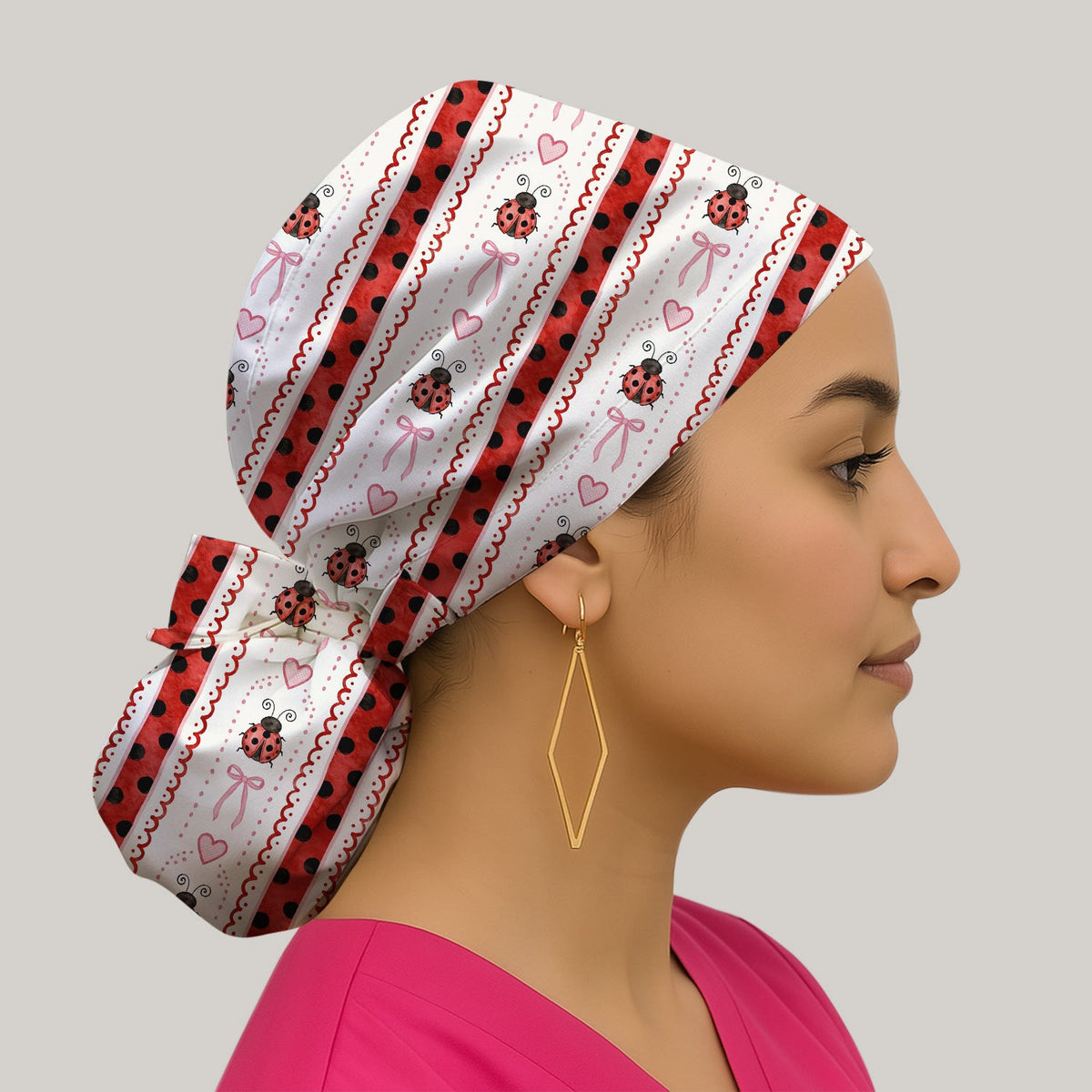 Ladybug Heart Bow Stripe Scrub Cap