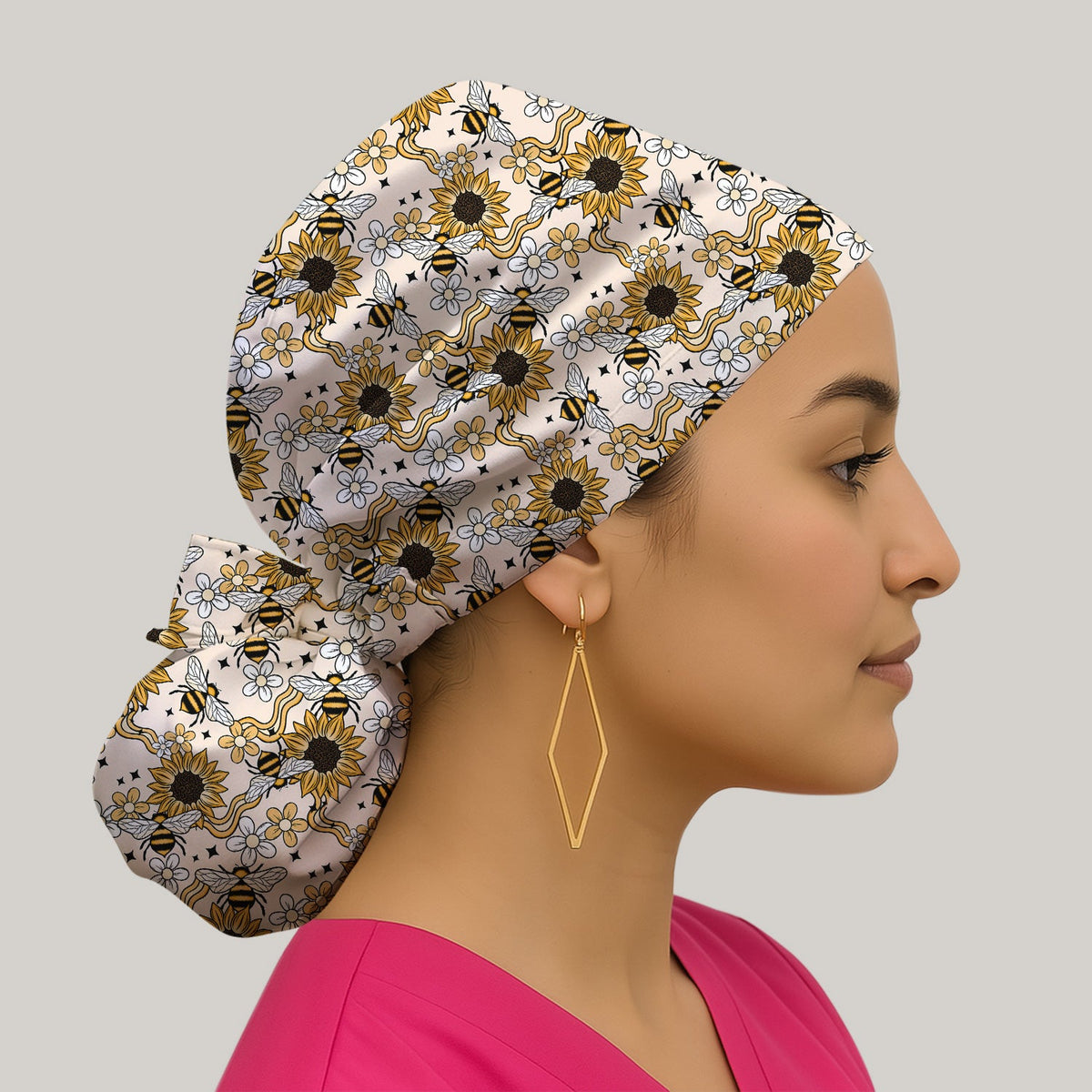 Sunflower Honey Bee Floral Scrub Cap
