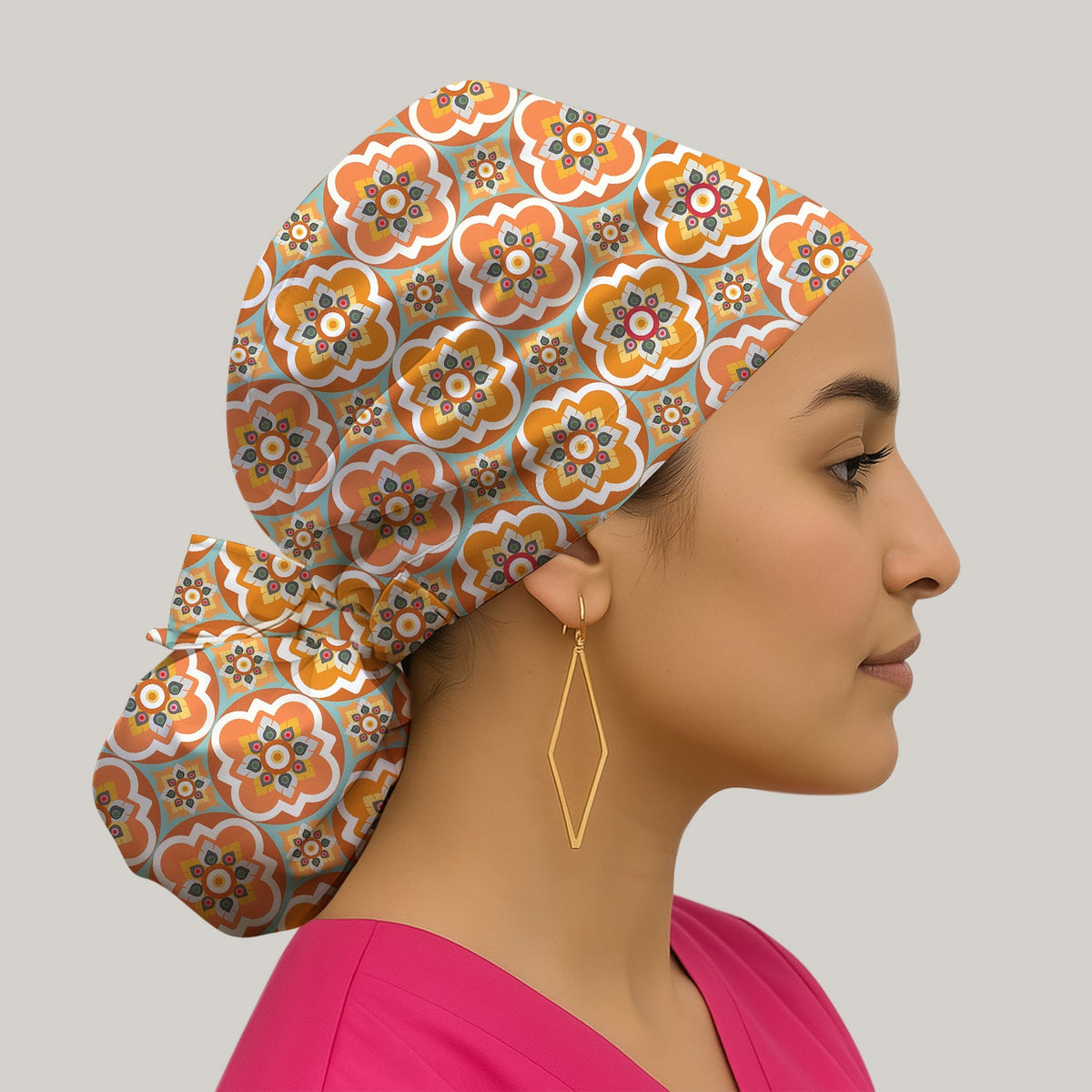 Orange Retro Geometric Floral Nurse Scrub Cap
