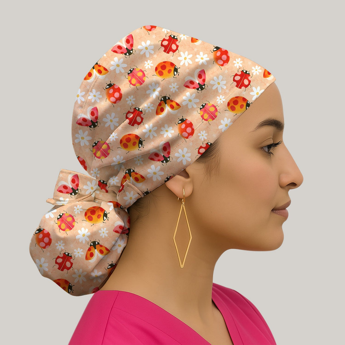 Ladybug Daisy Floral Scrub Cap