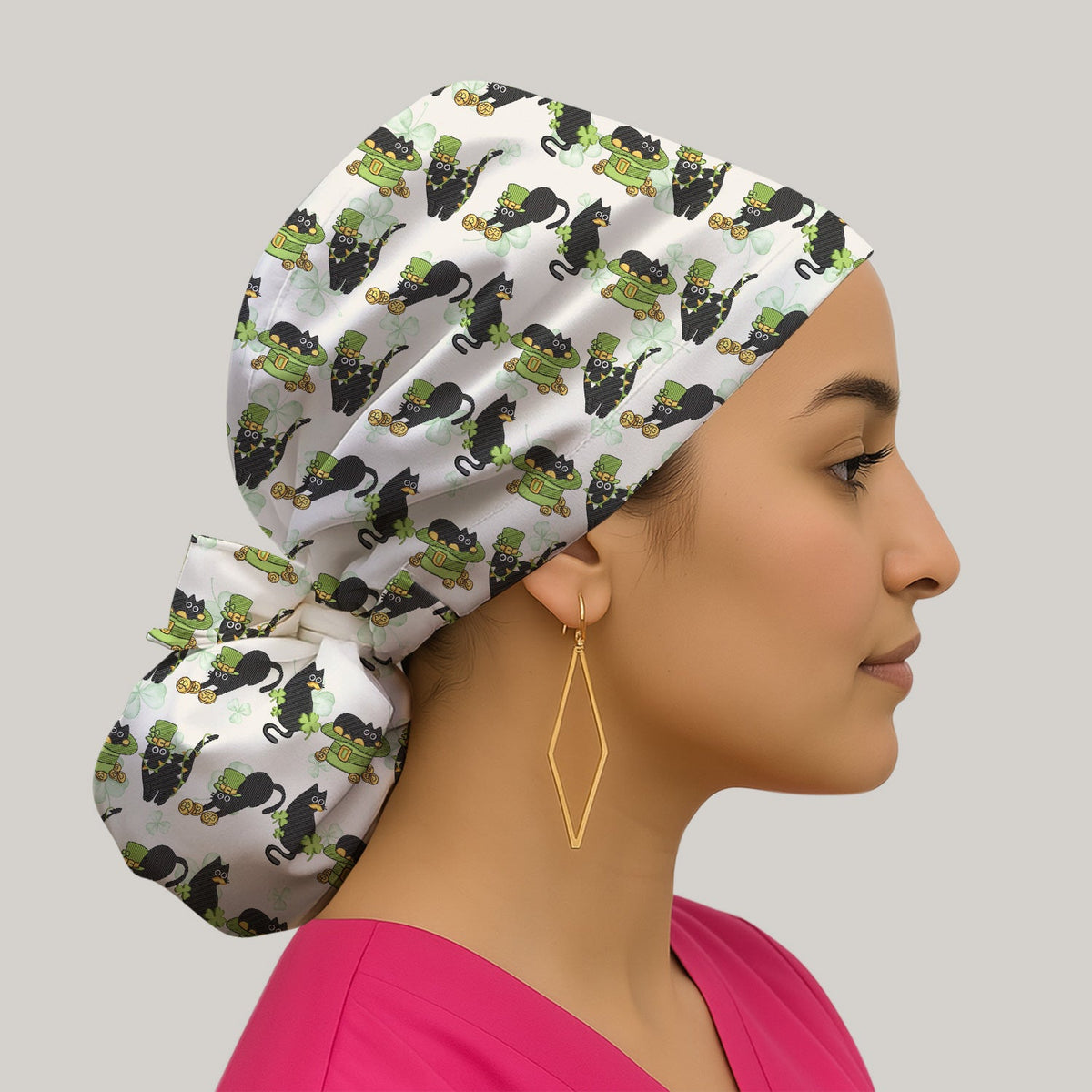 St Patrick Black Cat Clover Scrub Cap
