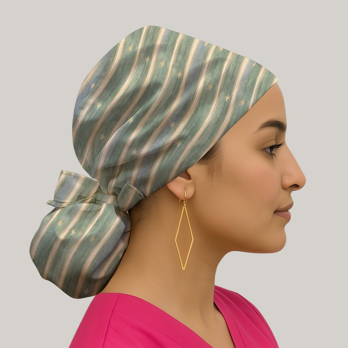 Nurse Green Vertical Stripe Floral Scrub Cap
