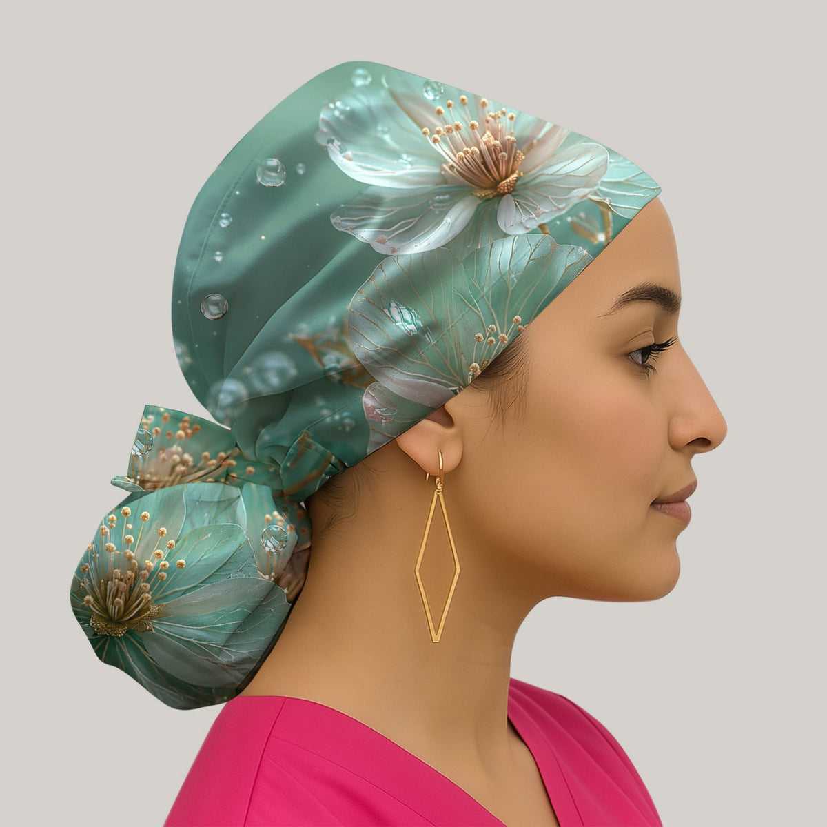 Elegant Mint Blossom Dewdrop Scrub Cap