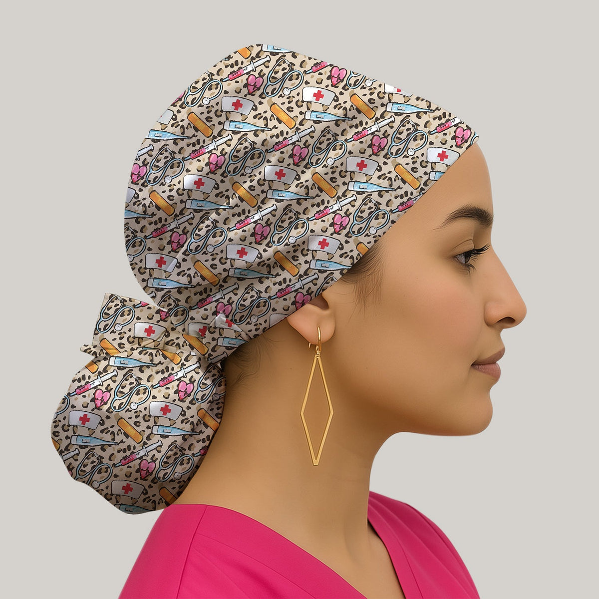 Leopard Medical Tools Pink Heart Scrub Cap