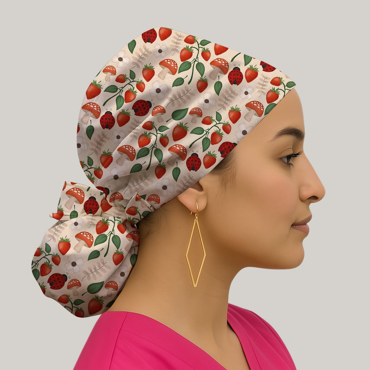 Strawberry Ladybug Mushroom Floral Scrub Cap