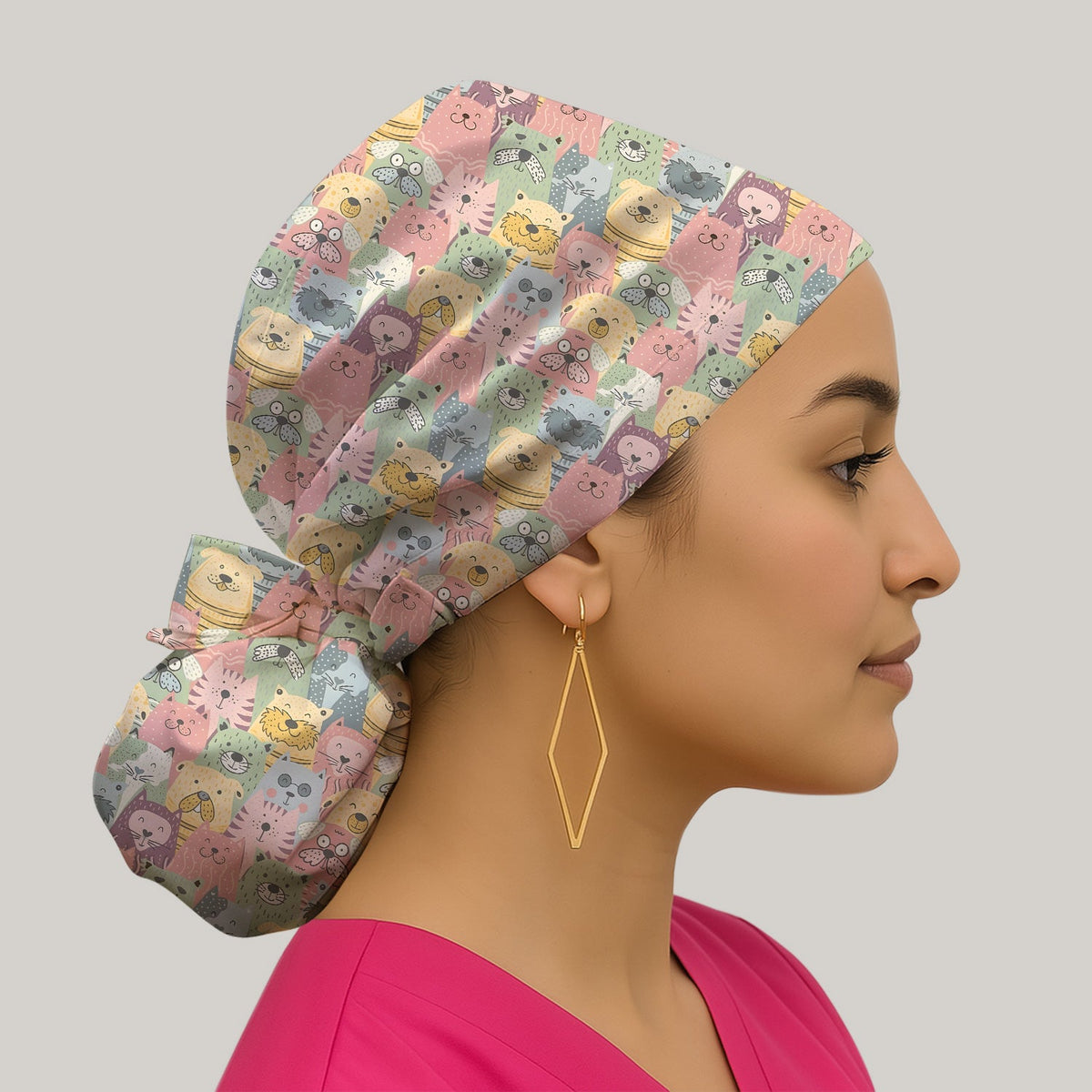 Cartoon Cat And Dog Faces Scrub Cap