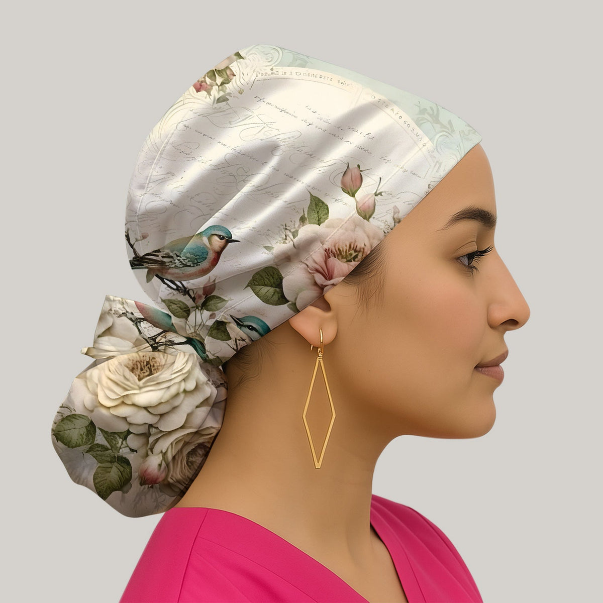 Vintage Birds Rose Scrub Cap