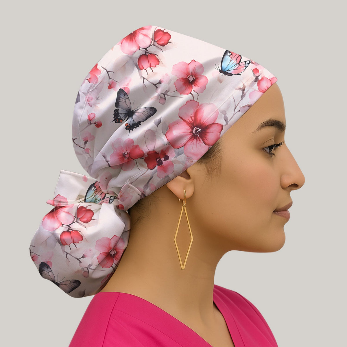 Pink Butterfly Blossom Nurse Scrub Cap