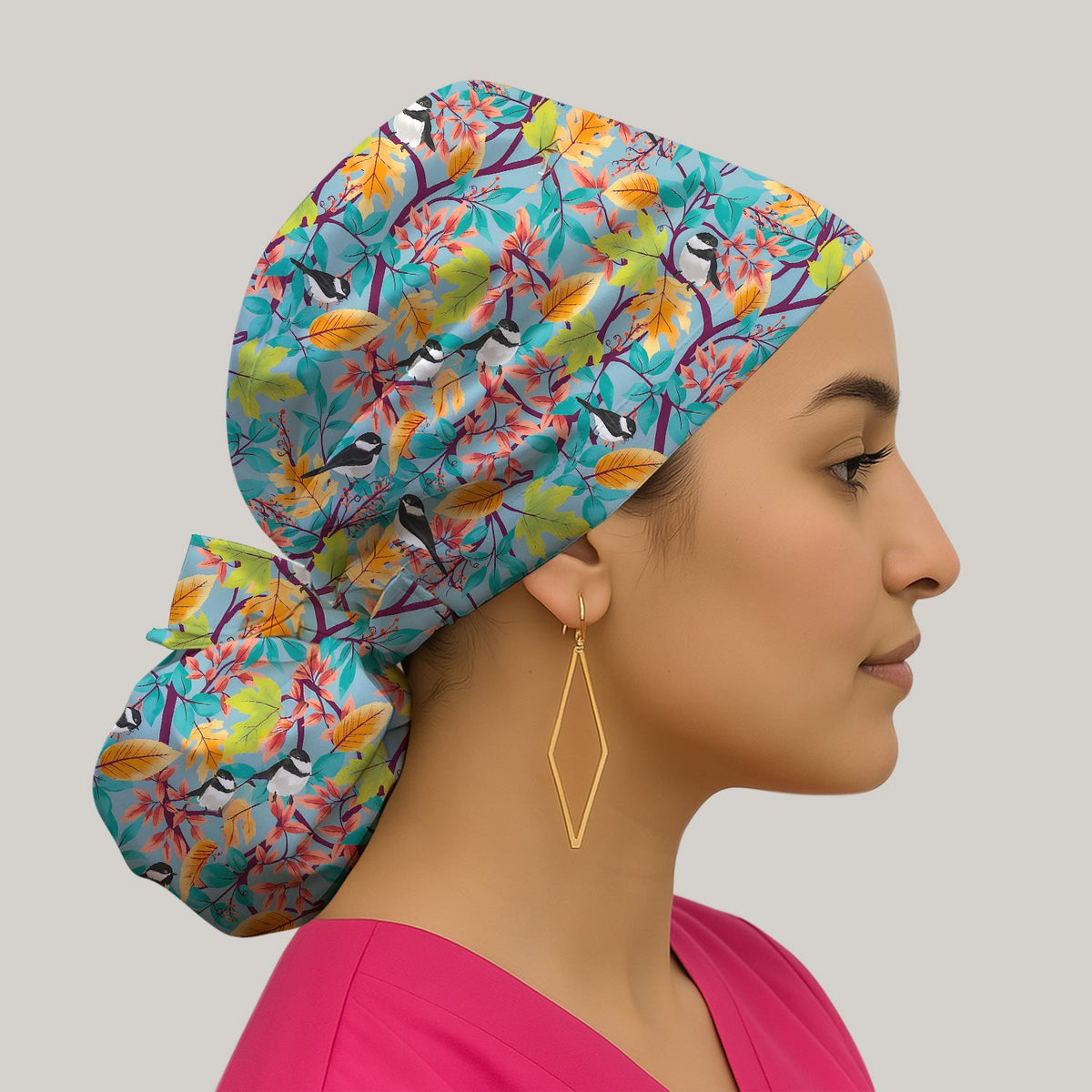 Autumn Leaf Chickadee Bird Scrub Cap