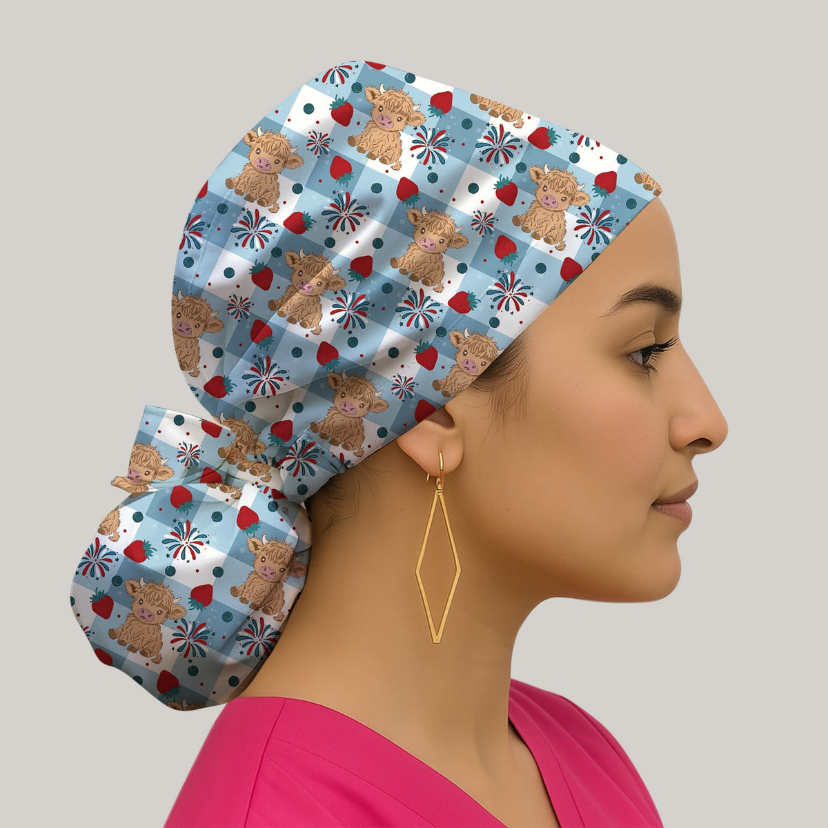 Highland Cow Strawberry Gingham Scrub Cap For Nurse