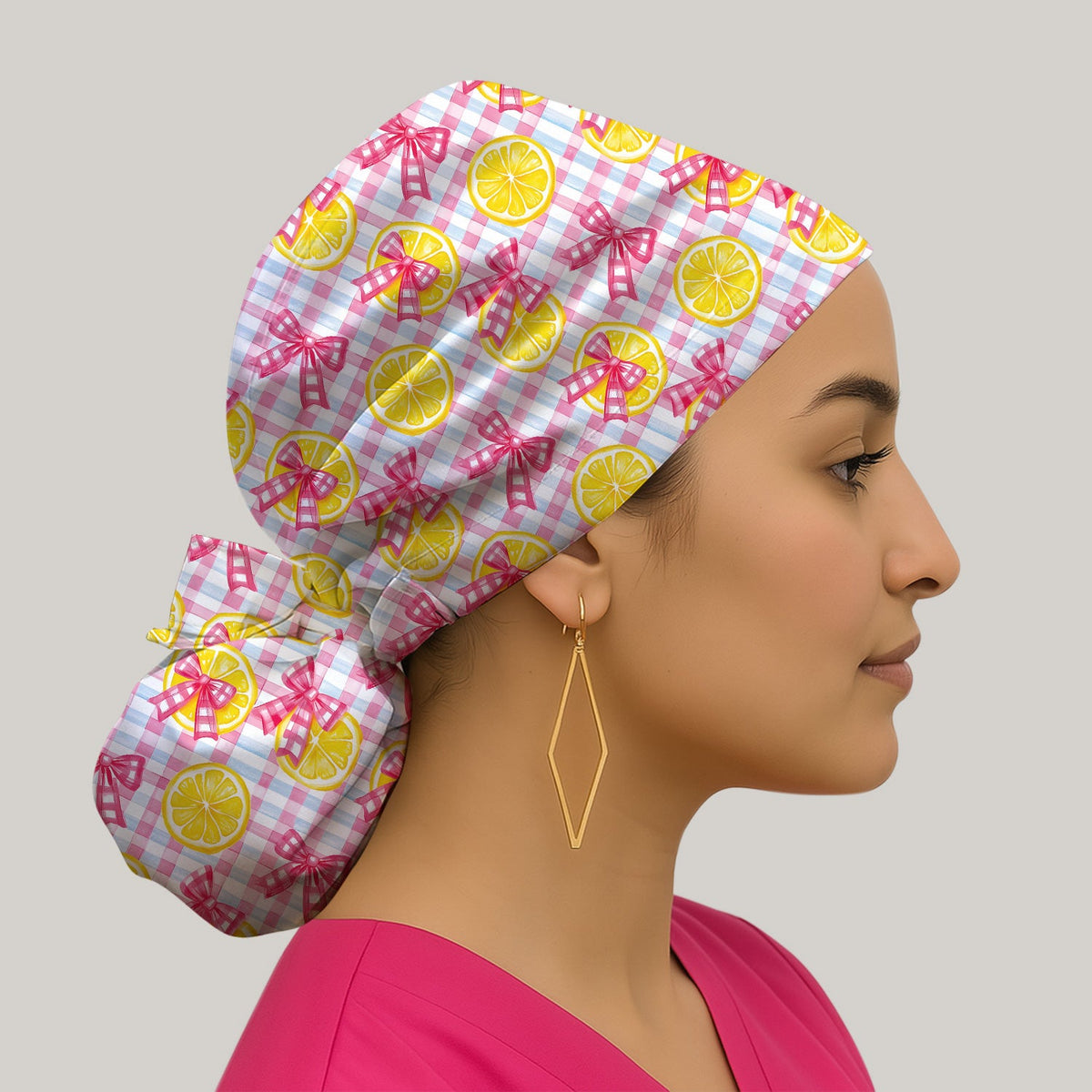 Lemon Slice Pink Bow Gingham Scrub Cap