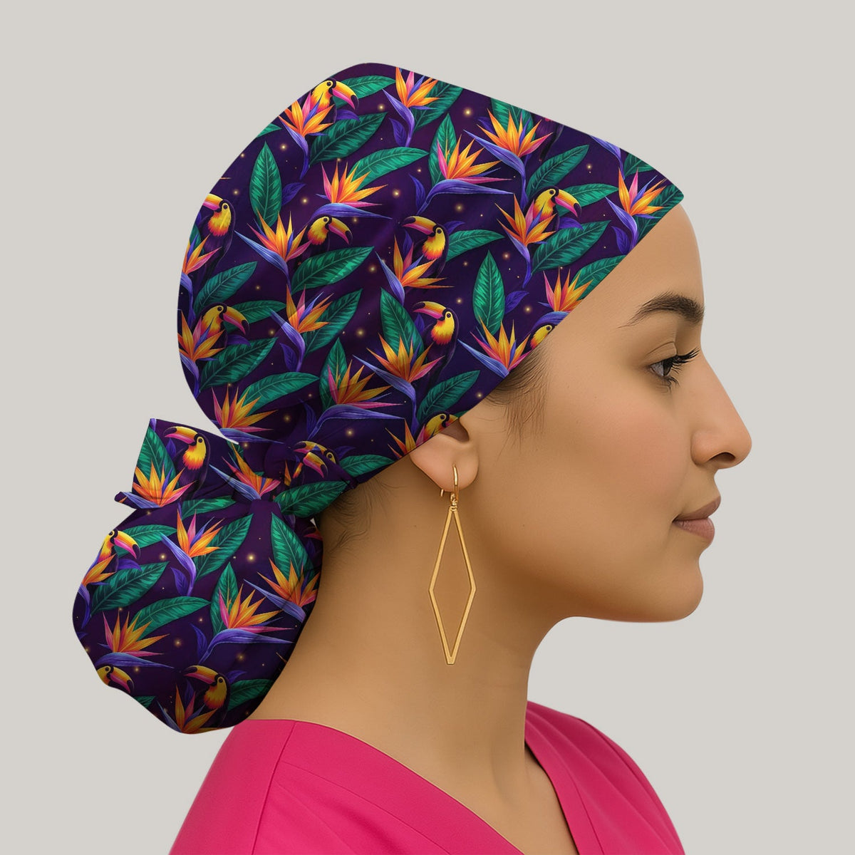 Tropical Toucan Paradise Leaves Scrub Cap