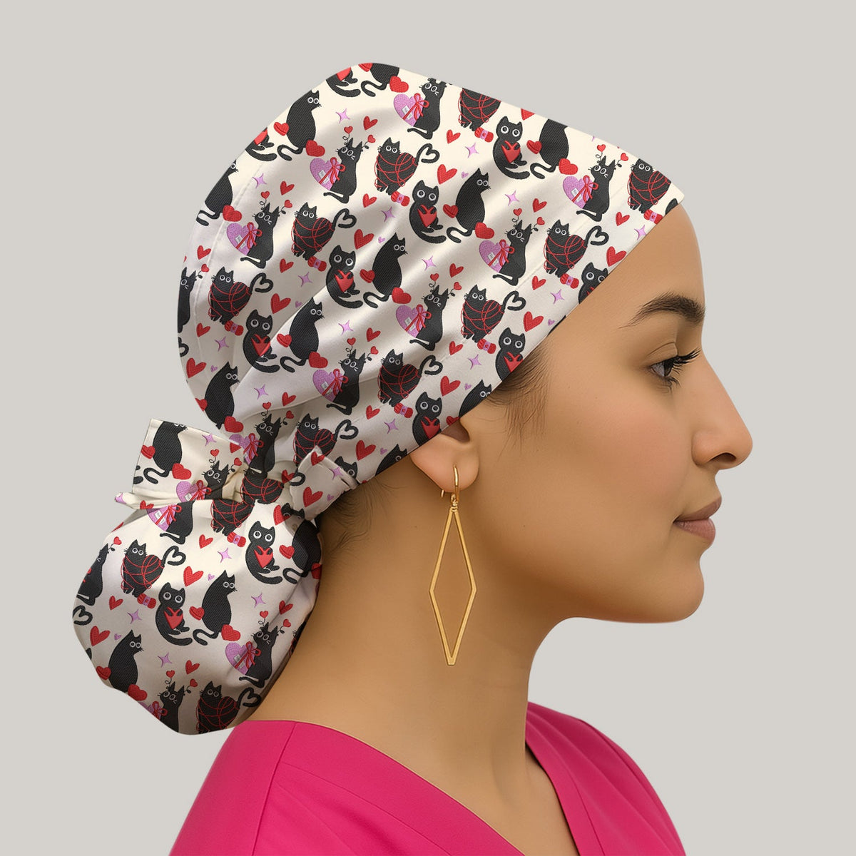 Valentine's Day Black Cat Heart Scrub Cap