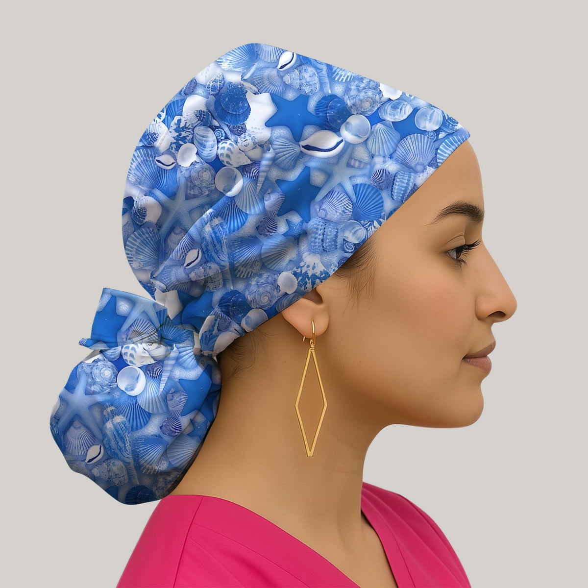 Blue Seashell Starfish Ocean Scrub Cap
