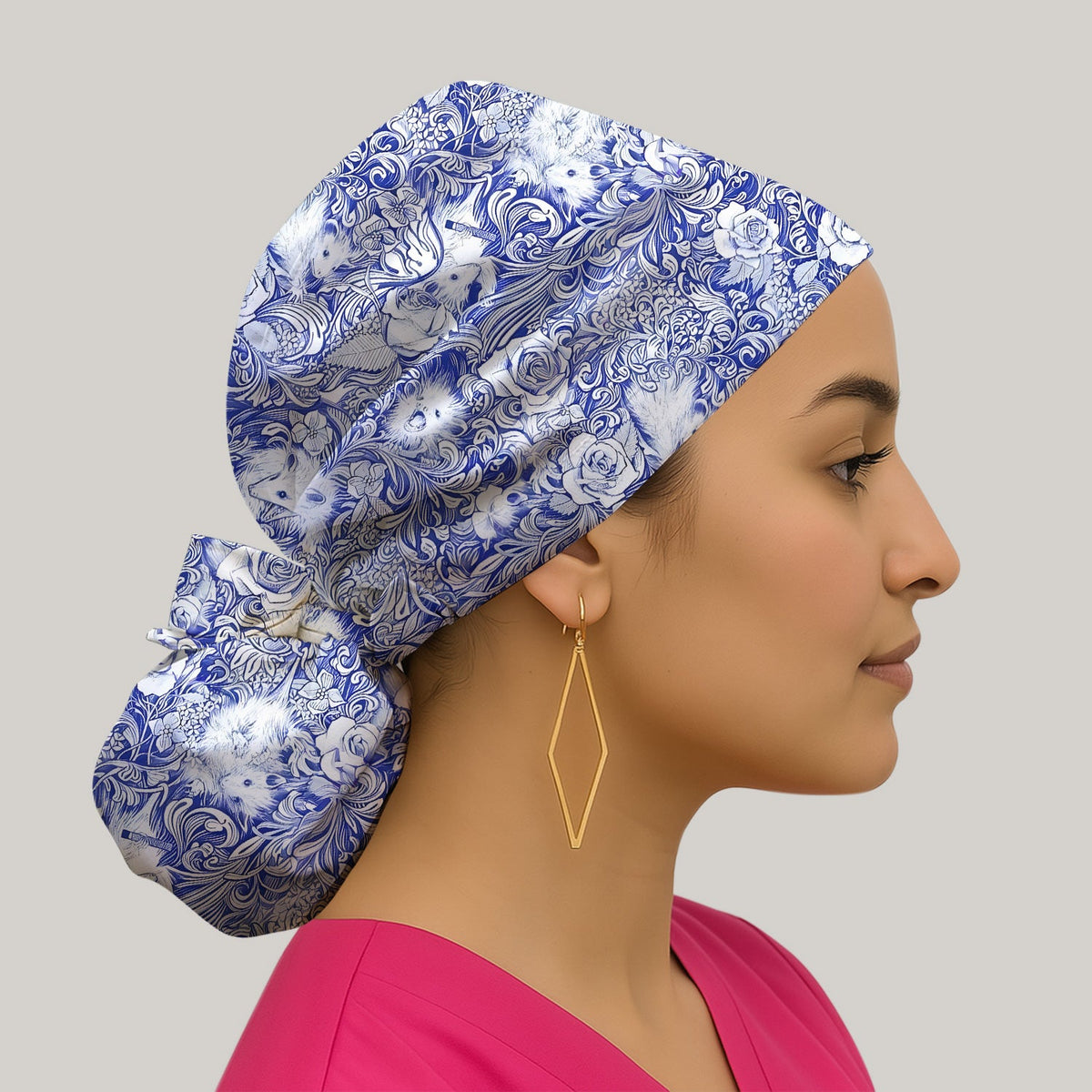Blue Toile Porcupine Floral Scrub Cap