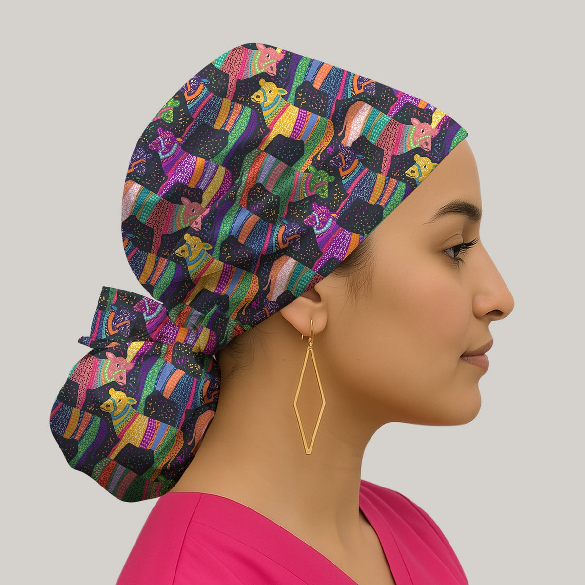 Vibrant Patchwork Rainbow Cow Scrub Cap