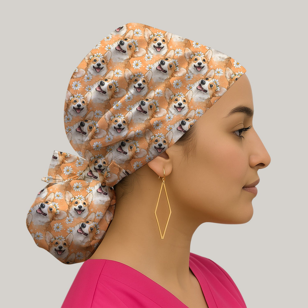 Corgi Daisy Floral Orange Scrub Cap For Nurse
