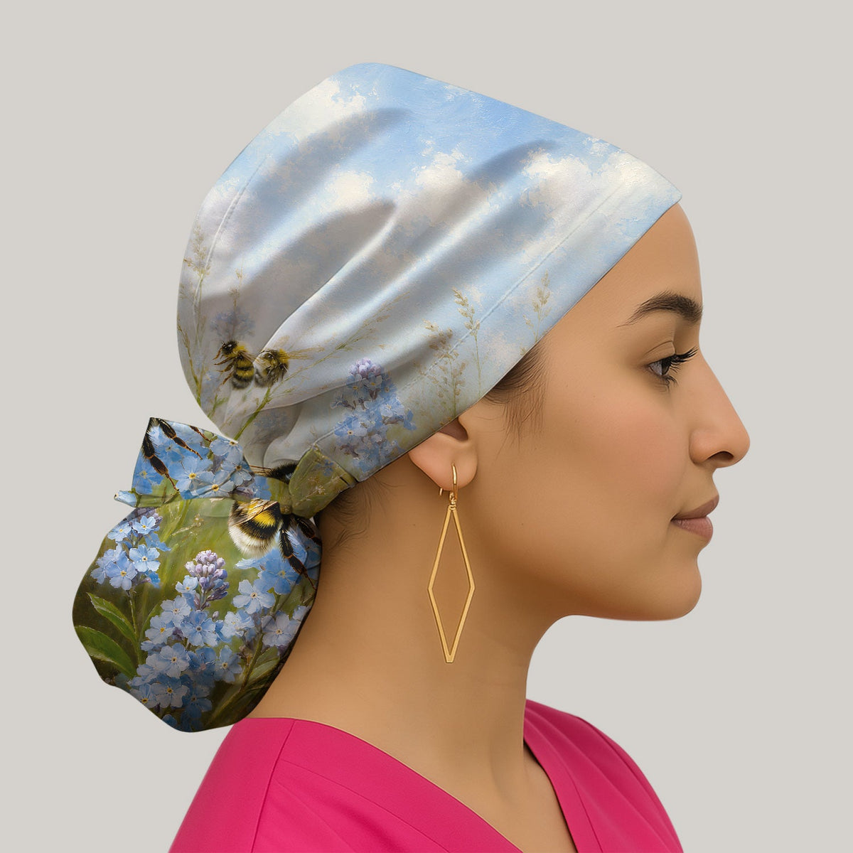 Whimsical Bumblebee Blue Blossom Scrub Cap