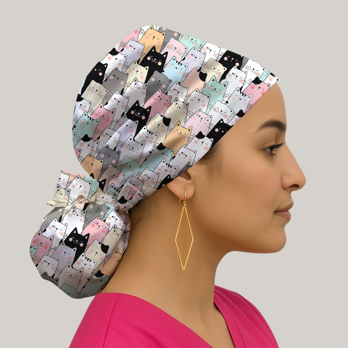 Cartoon Cat Crowd Scrub Cap