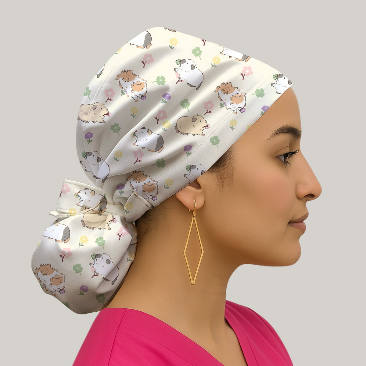 Cozy Guinea Pig Floral Doodle Scrub Cap