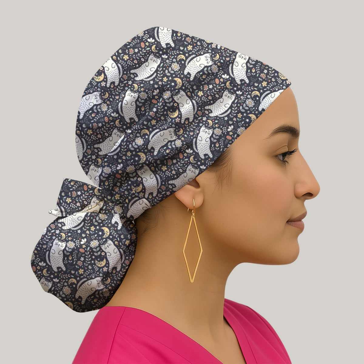 Moonlit Floral Cat Scrub Cap