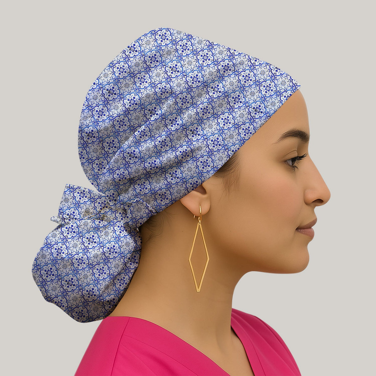 Blue Vintage Tile Floral Scrub Cap