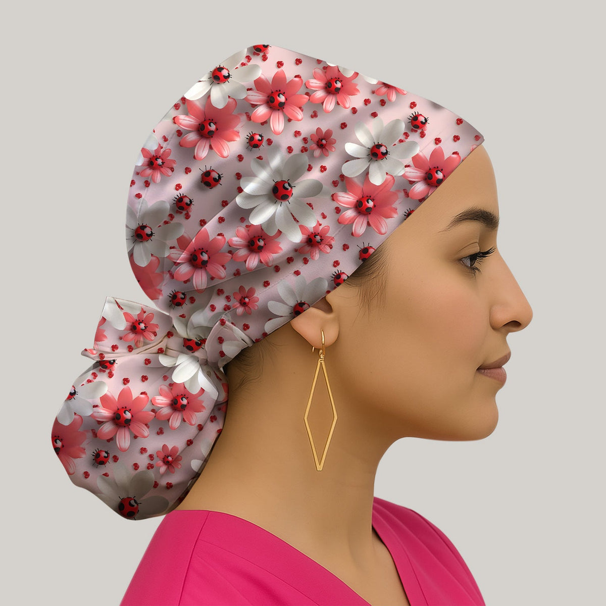 Red Ladybug Flower Scrub Cap