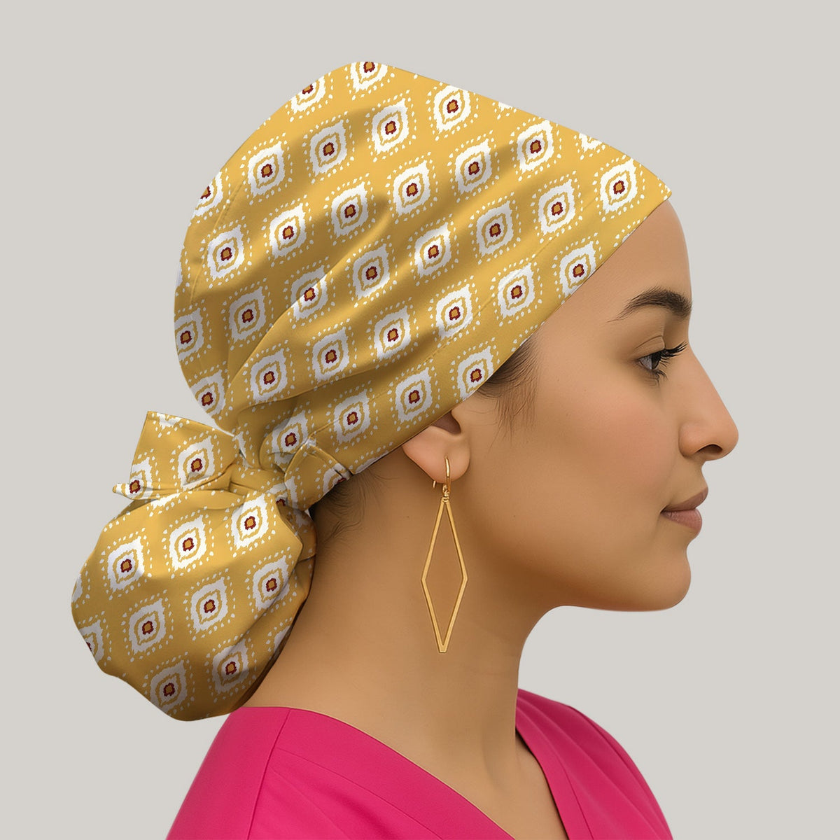 Mustard Geometric Ikat Scrub Cap