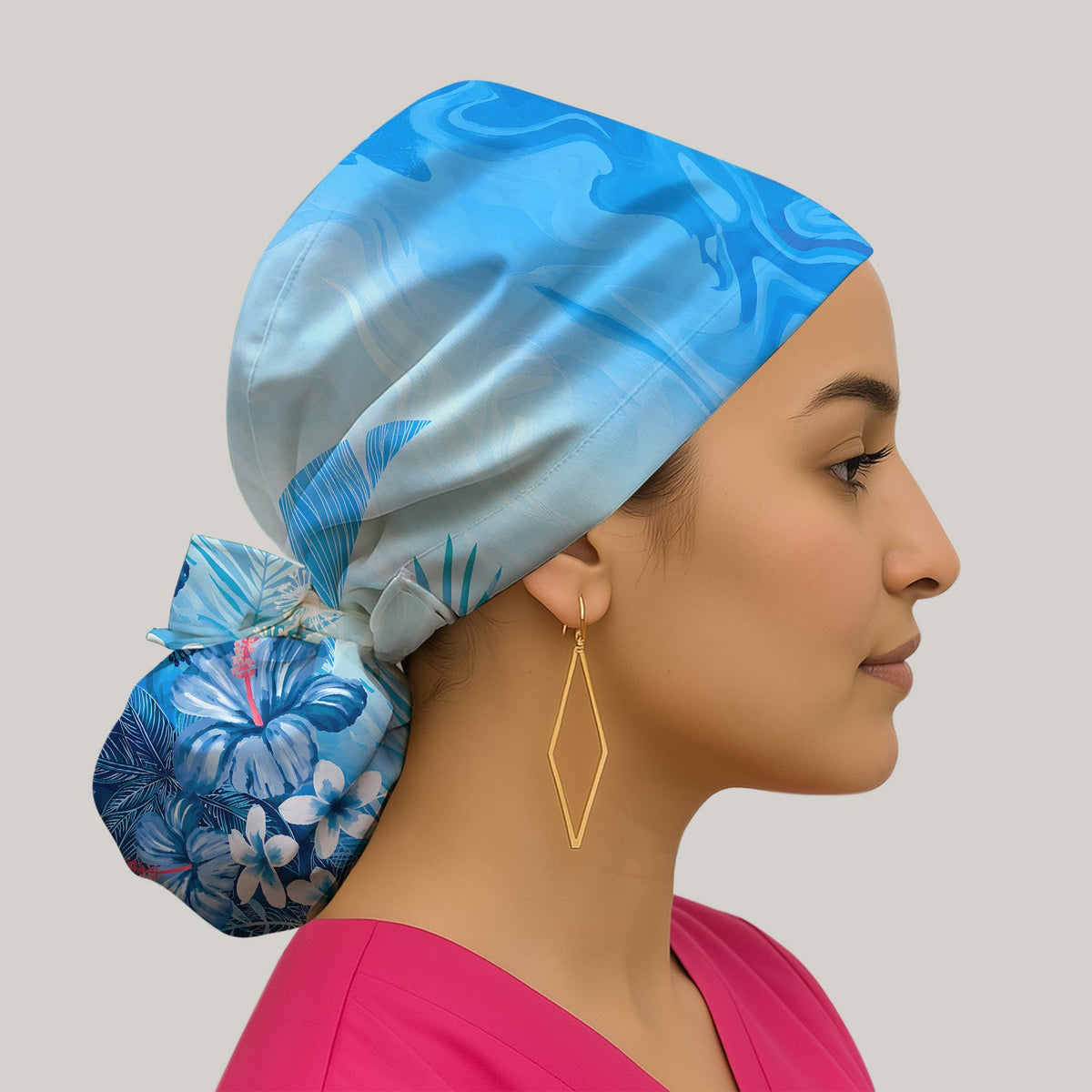 Elegant Blue Tropical Floral Scrub Cap