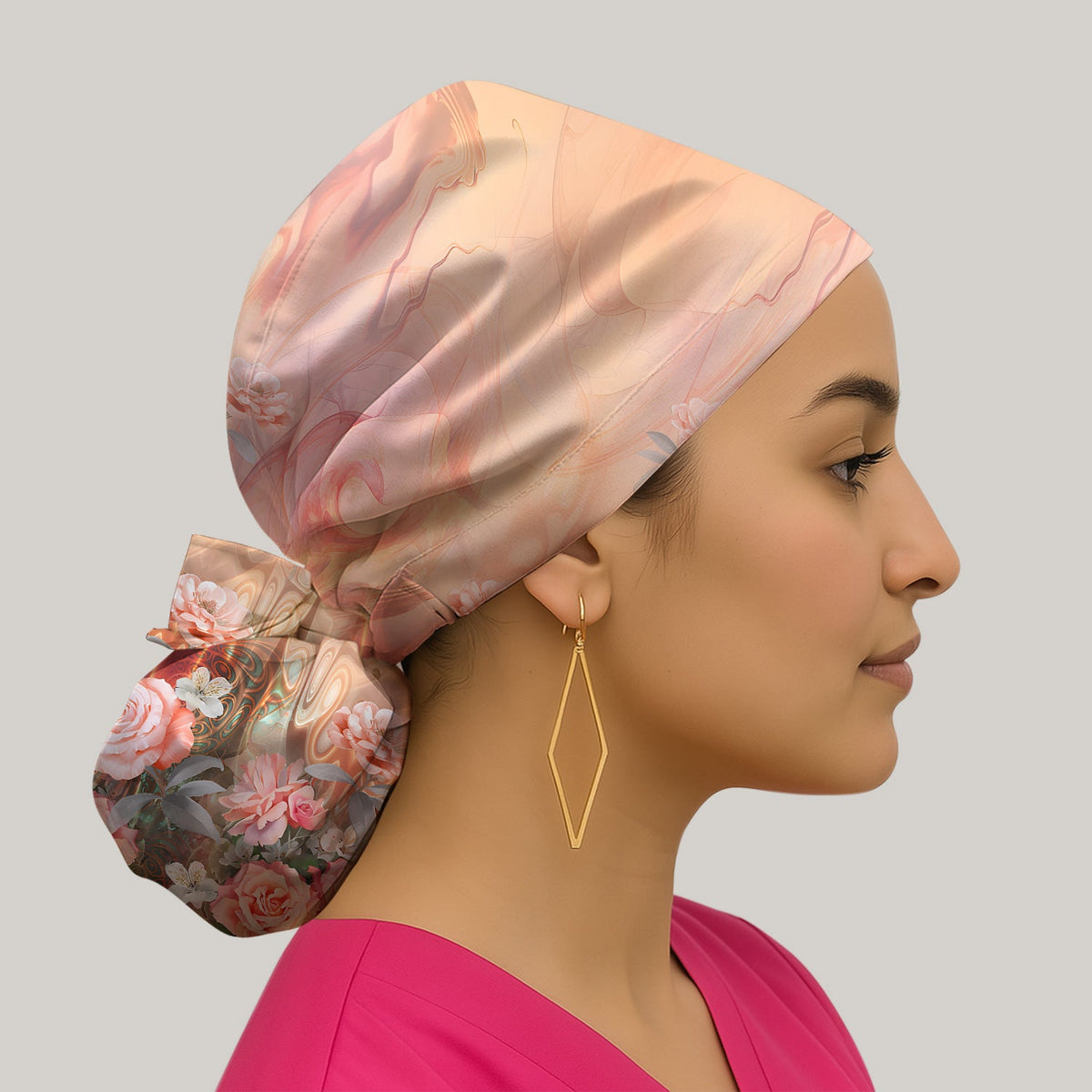 Elegant Peach Marble Rose Scrub Cap