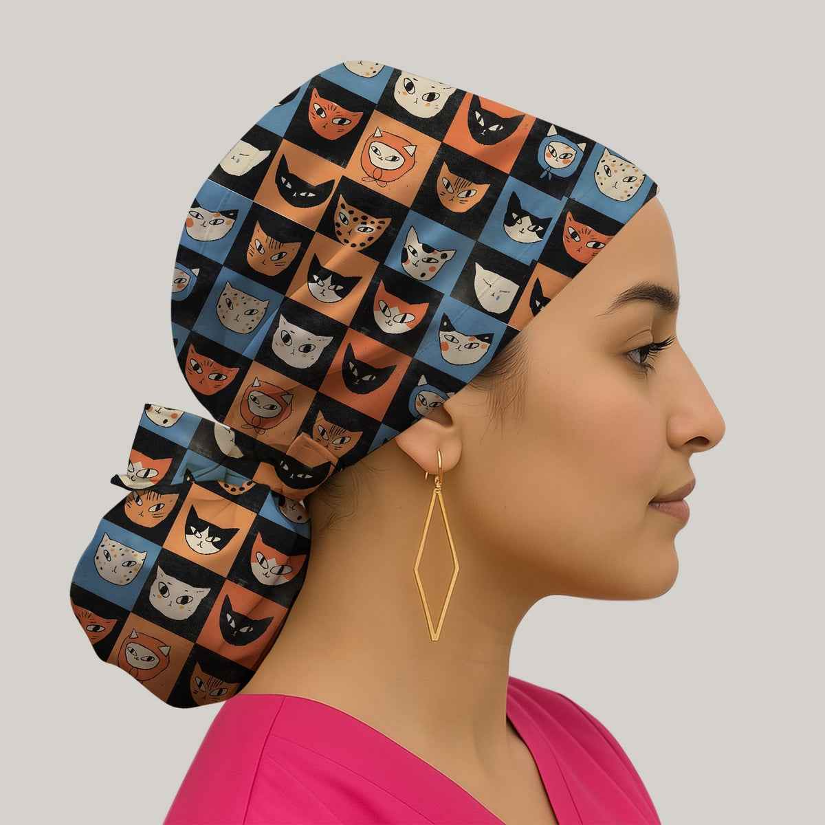 Retro Cat Checkerboard Scrub Cap