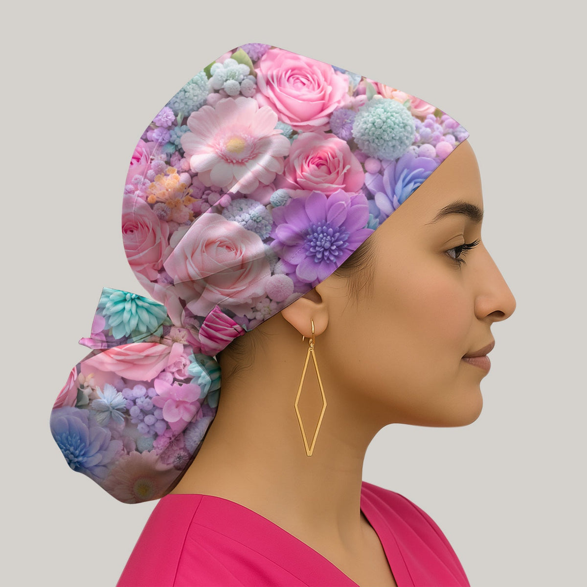 Pastel Floral Pink Rose Nurse Scrub Cap