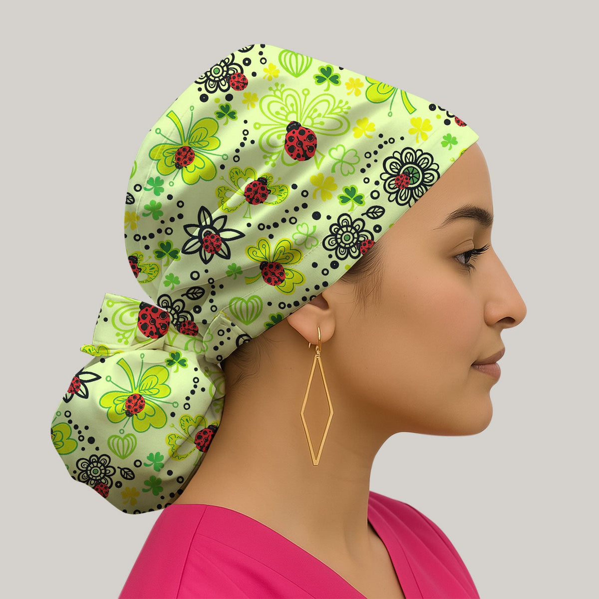 Ladybug Clover Floral Scrub Cap