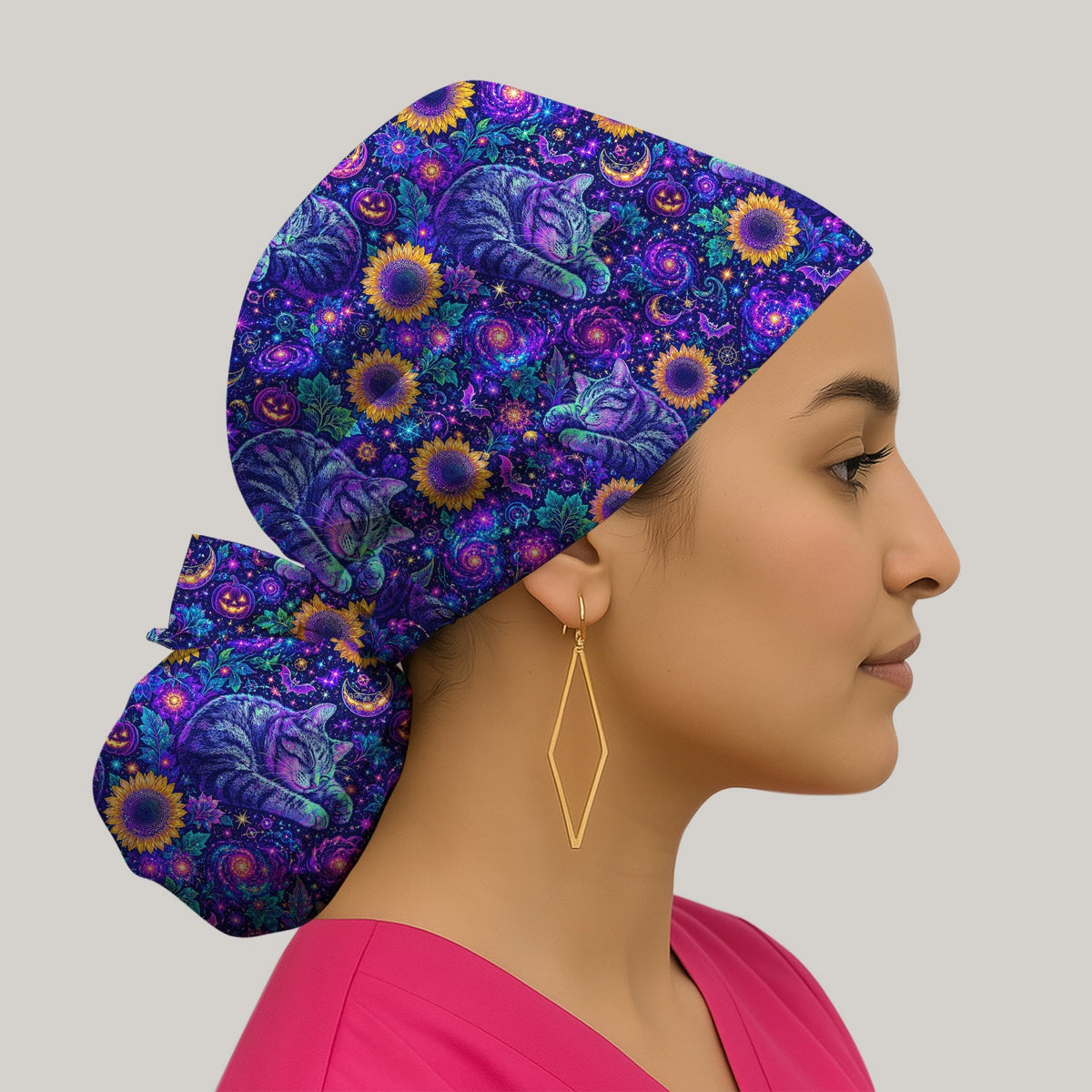 Spooky Galaxy Cat Sunflower Scrub Cap