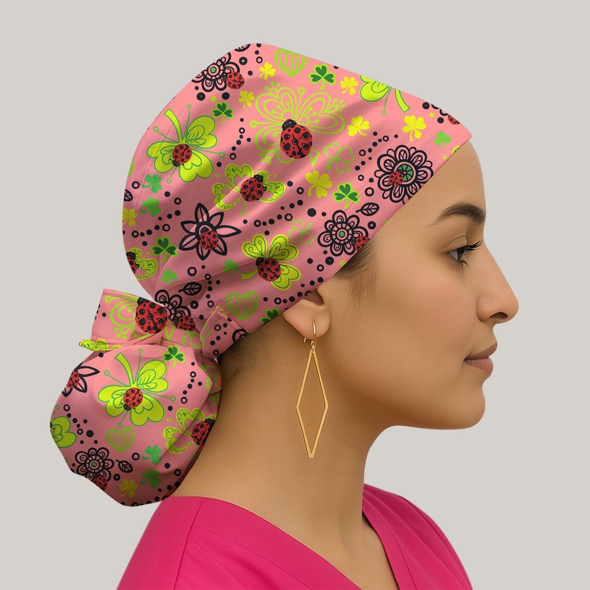 Ladybug Clover Floral Scrub Cap