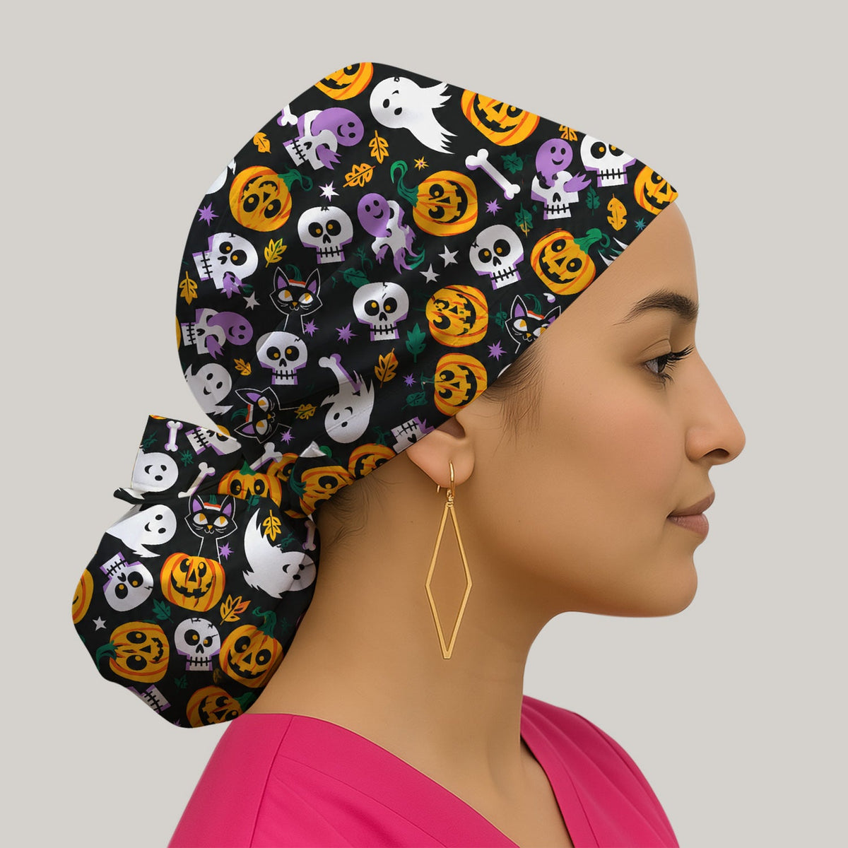 Spooky Pumpkin Ghost Print Scrub Cap