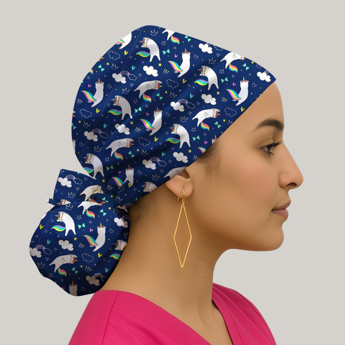 Unicorn Cat Rainbow Tail Clouds Scrub Cap